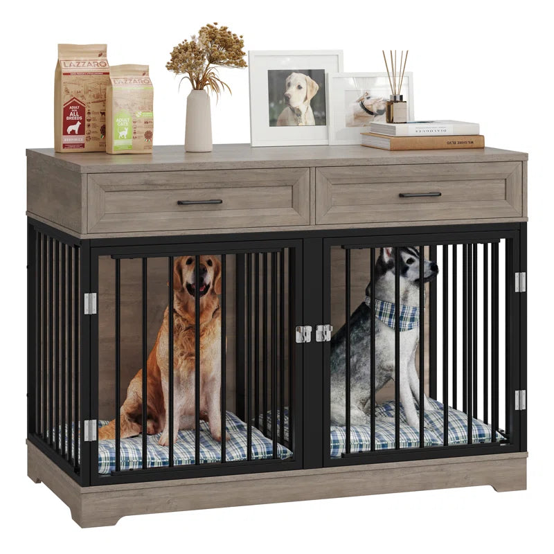 Gray dog crate furniture with black metal bars, two storage drawers, and orthopedic dog beds inside.
