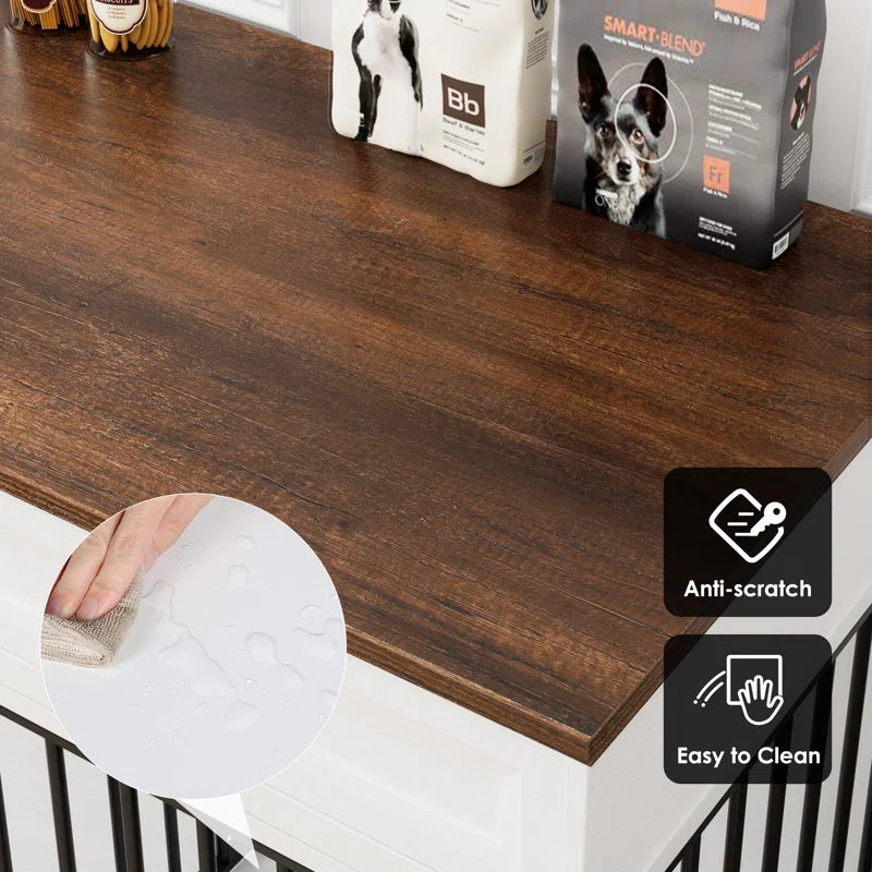 Walnut dog crate furniture top surface highlighting anti-scratch, easy-to-clean finish for dog crate TV stand.