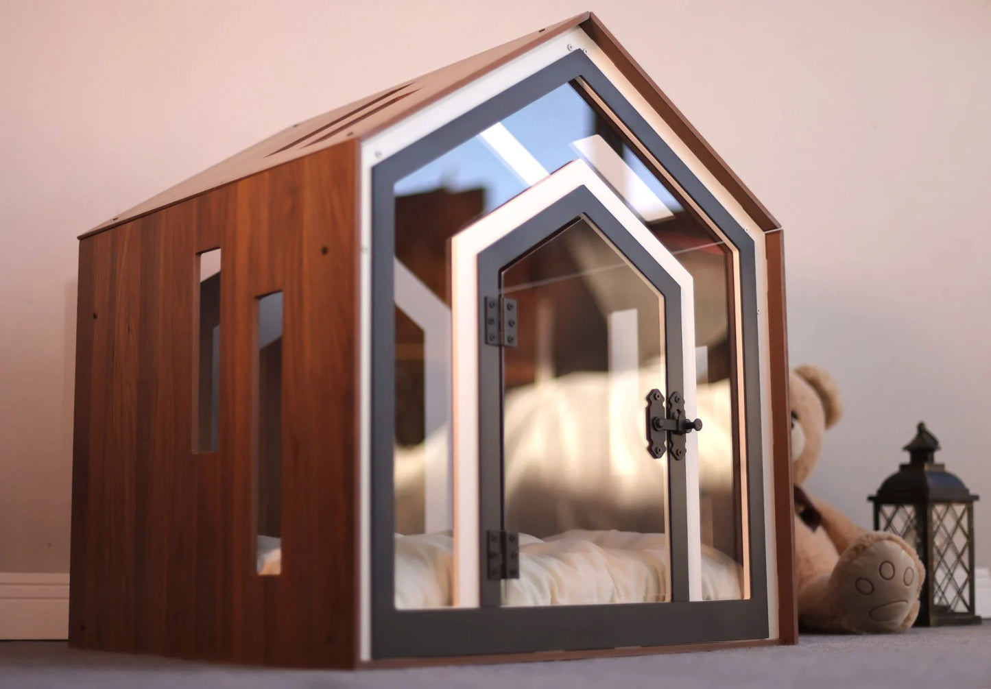 Mid Walnut Dog Crate with Custom Dog Bed, Dog Crate Furniture, Modern Dog Kennel, Indoor Dog House, Cat House, Cat Bed