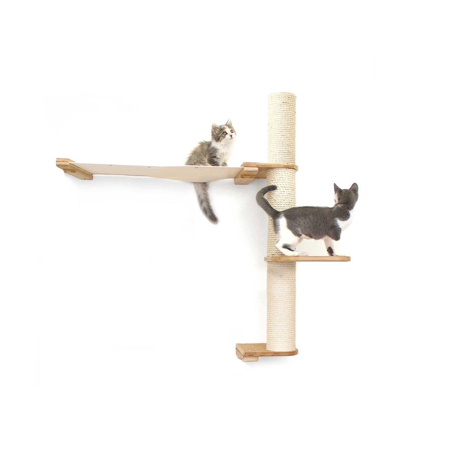 Vertical cat perch with natural bamboo posts and natural canvas tiers, part of cat tree wall setup.