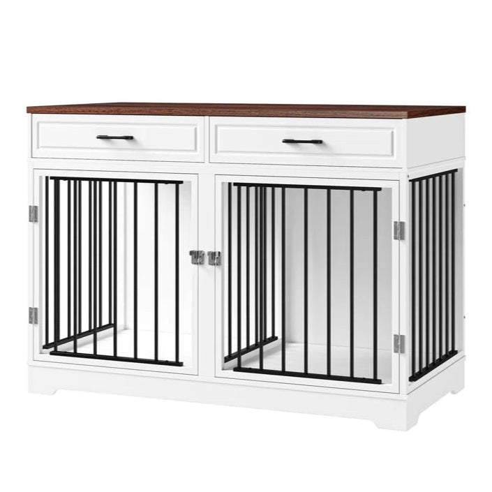 White and walnut dog crate furniture with black metal bars, storage drawers, and divider, doubling as a dog crate TV stand.