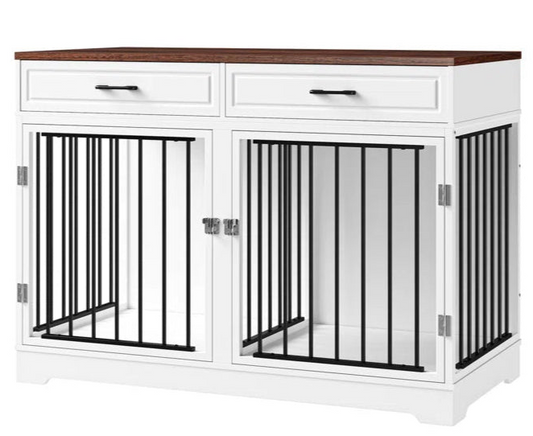 White and walnut dog crate furniture with black metal bars, two storage drawers, and double-door design, doubling as a dog.
