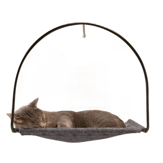 A gray cat sleeping in a hanging cat bed.
