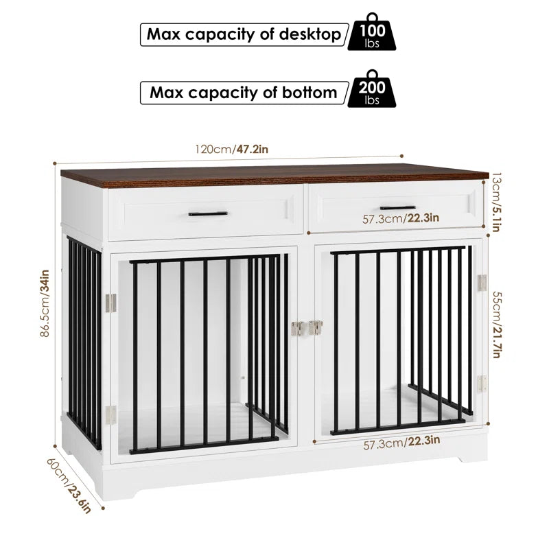 White and walnut dog crate furniture with two metal-barred kennel compartments, storage drawers, and flat TV stand top.