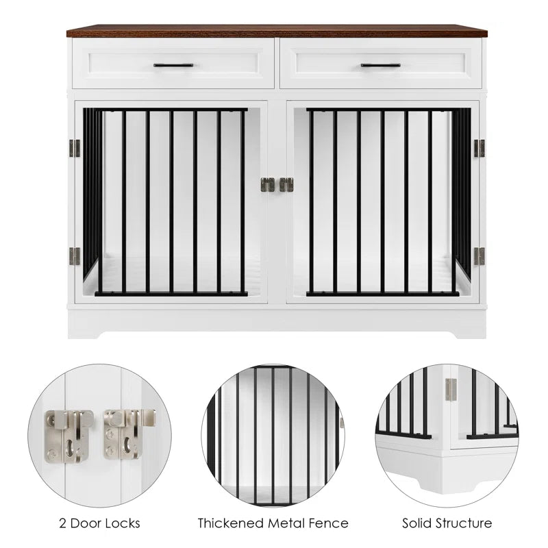 White and walnut dog crate furniture with two doors, metal bars, storage drawers, and secure locks.