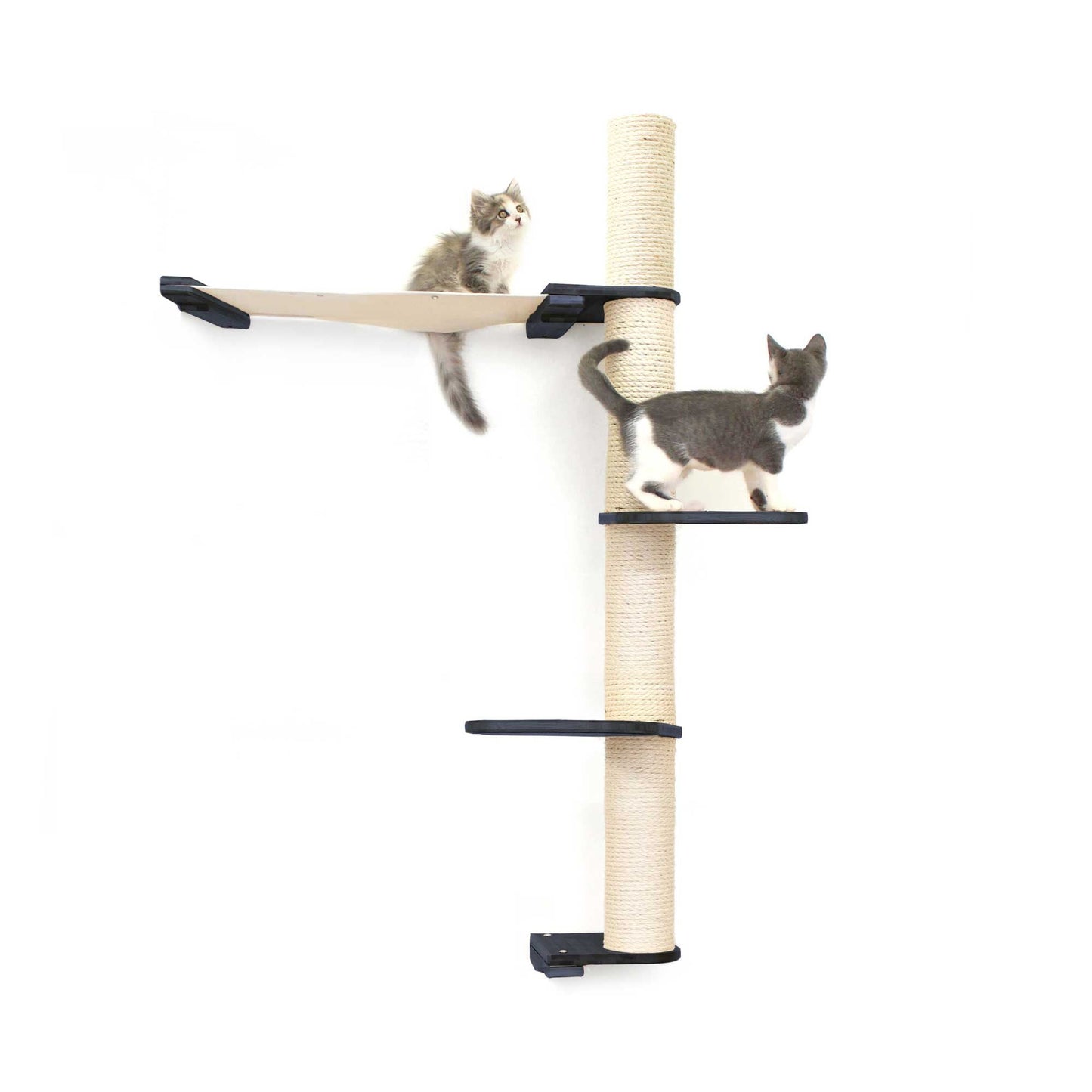 Onyx bamboo tall cat perch with vertical scratching pole and natural canvas platforms, wall-mounted cat tree wall.