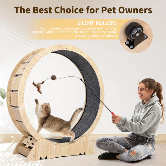 Wooden cat treadmill wheel with silent rollers, shown with a playful cat and a woman using a toy wand, fits dog crate.