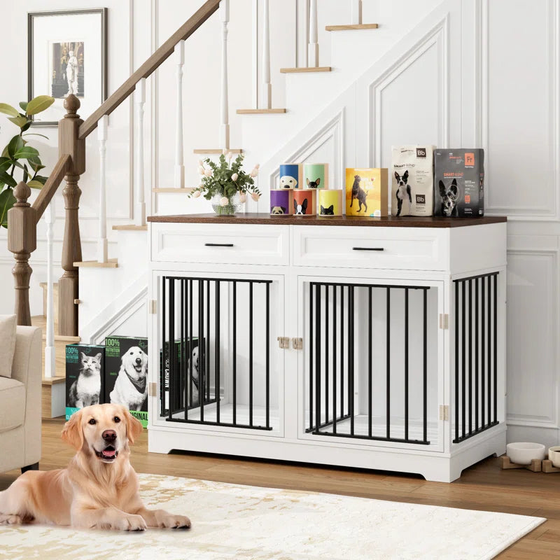 White and walnut dog crate furniture with two metal-barred compartments and storage drawers above, styled as a dog crate TV.