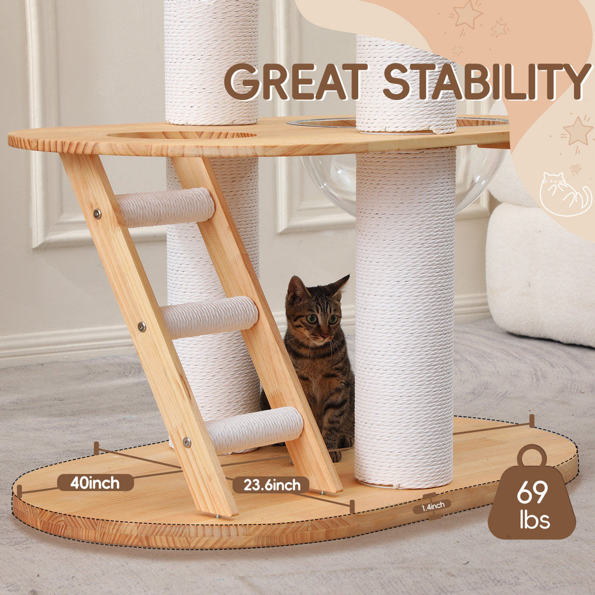 Solid Wood 63" Cat Tree & Activity Tower | Tall, Durable