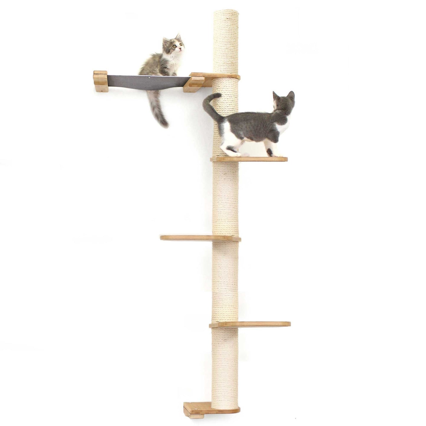 Tall cat perch with natural bamboo vertical scratching pole and summit hammock in natural canvas, featuring multiple tiers.