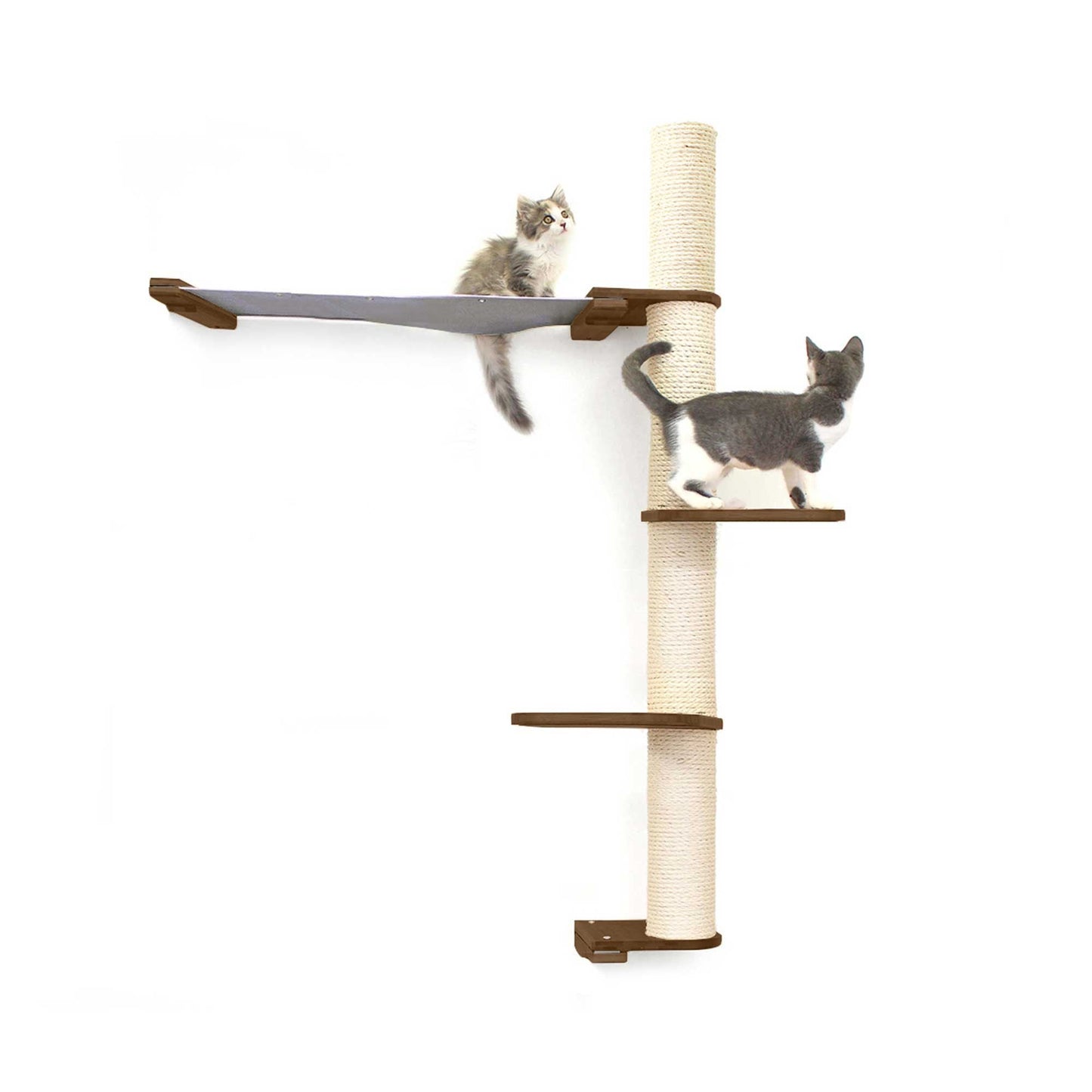 Tall cat perch with vertical beige scratching pole and natural canvas summit hammock, ideal for cat tree wall or dog crate.