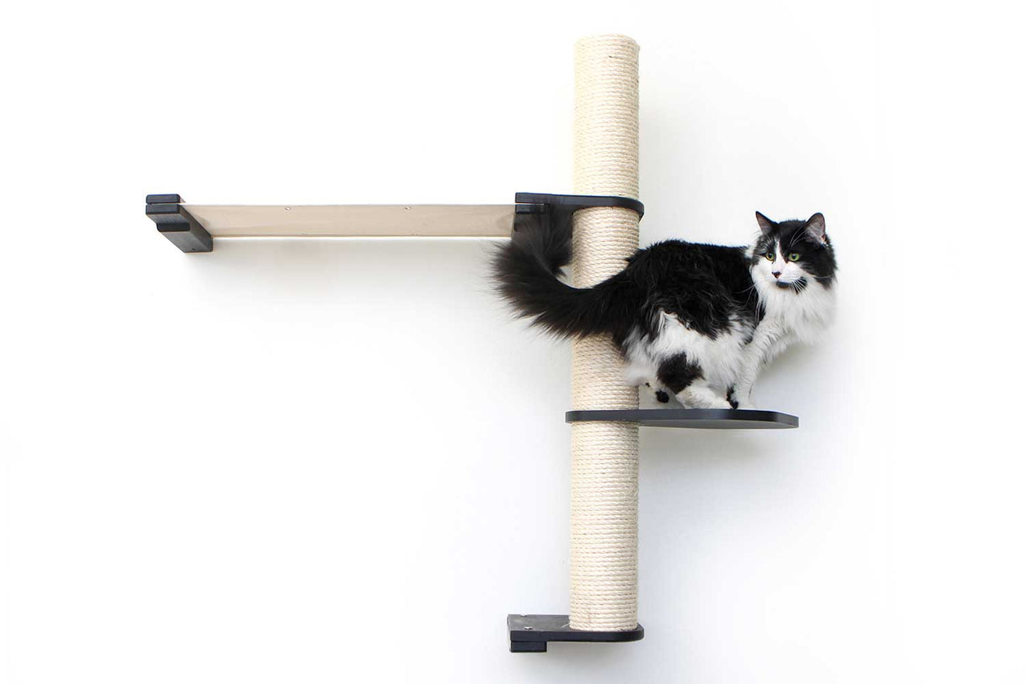 Vertical cat perch with natural bamboo scratching pole and two-tier black shelves for cat tree wall setup.