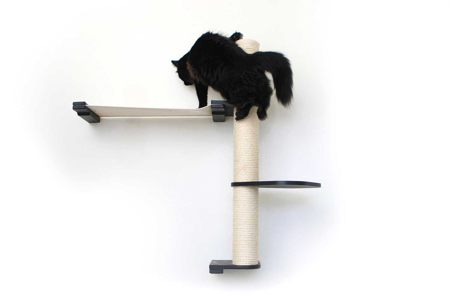 Tall cat perch with natural bamboo vertical scratching pole and charcoal gray canvas summit hammock, mounted as a cat tree.