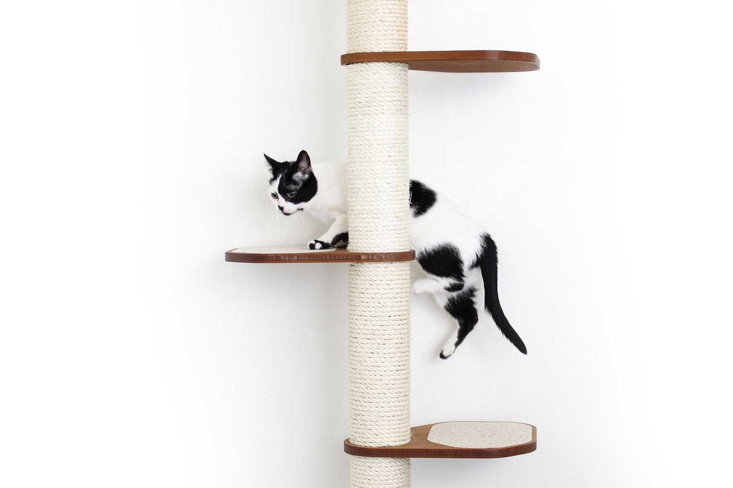 Vertical cat tree wall with natural bamboo shelves and beige scratching pole, perfect for cat treadmill and dog crate.