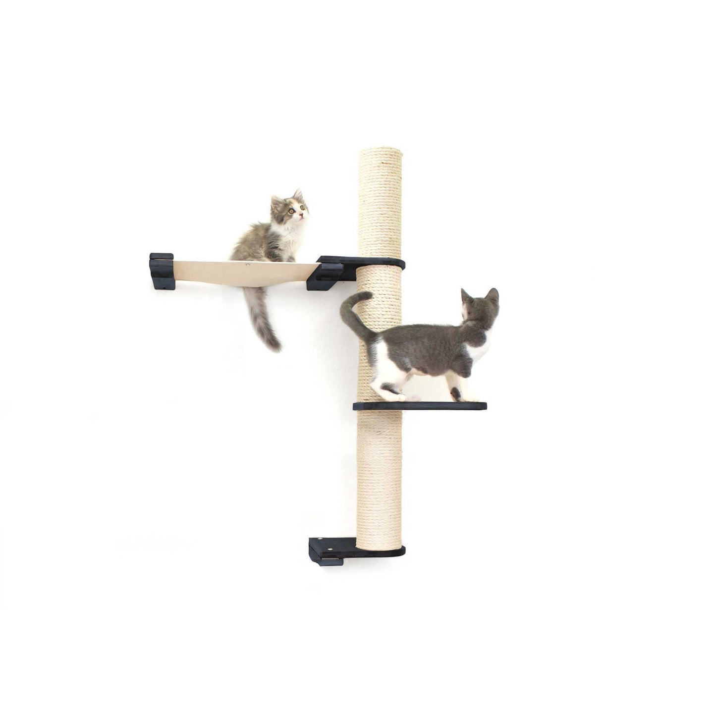 Onyx bamboo vertical cat perch with natural canvas hammock and sisal scratching poles, mounted on wall.