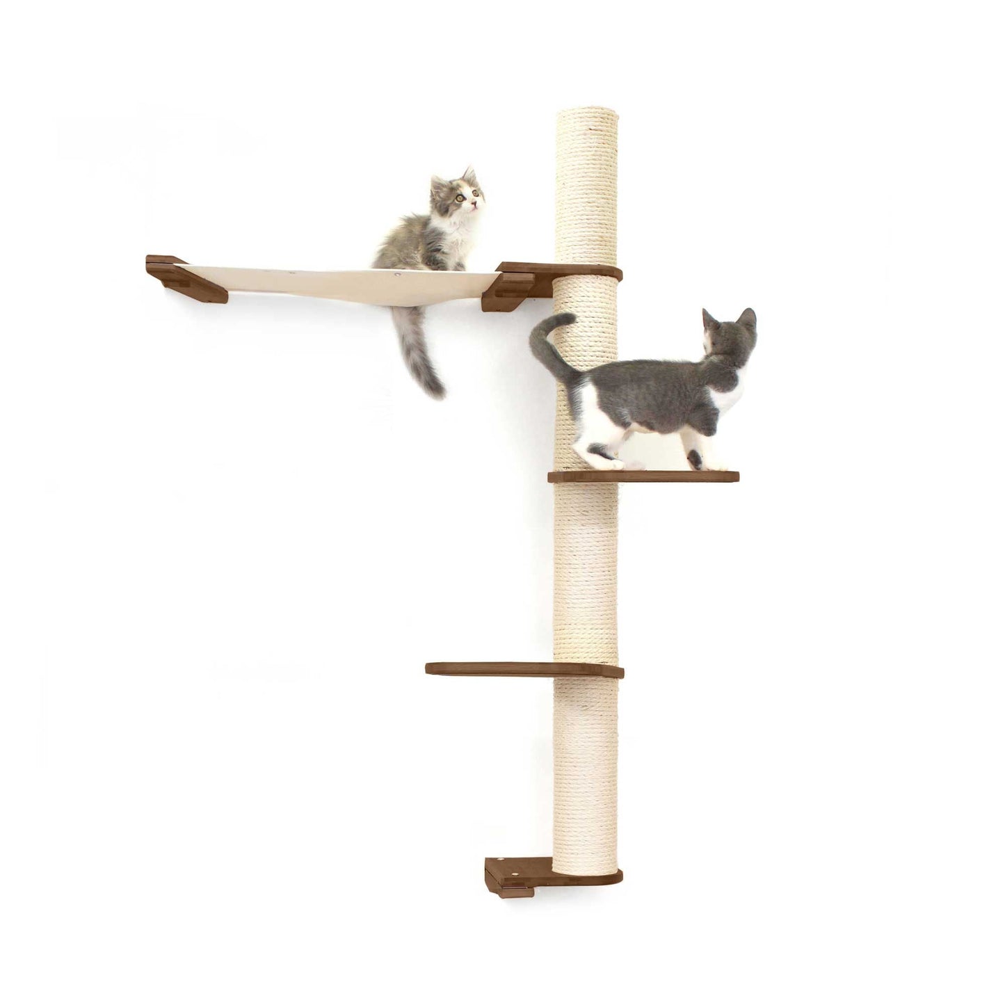 Tall cat perch with vertical scratching pole and natural bamboo platforms, part of cat tree wall design.