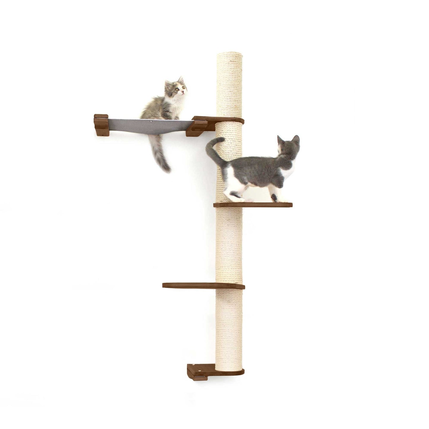 Vertical cat perch in natural bamboo with multiple tiers, natural canvas hammock, and sisal-covered scratching poles, ideal.