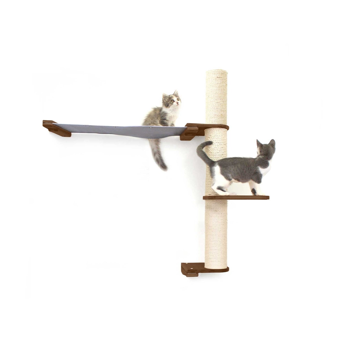 Tall cat perch with natural canvas summit hammock and vertical bamboo scratching pole.