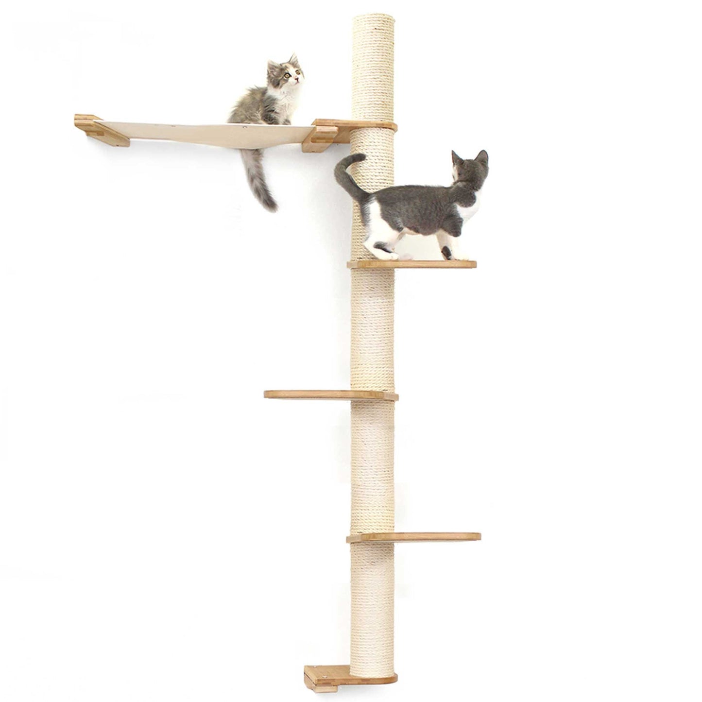 Tall cat perch with vertical sisal scratching pole, natural bamboo and canvas tiers ideal for cat tree wall or dog crate.