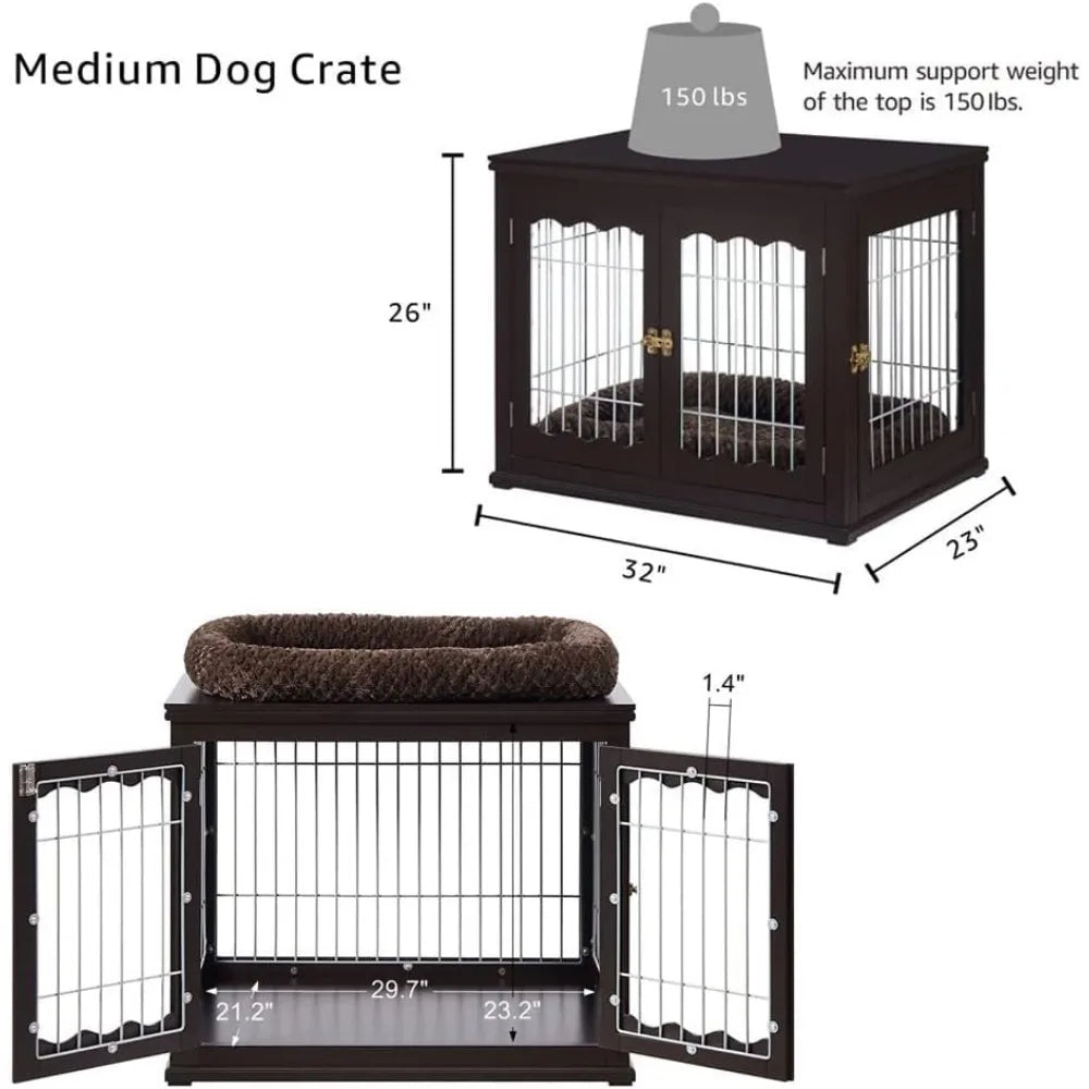 Modern Dog Crate Nightstand with Double Doors - Medium Pet Kennel Furniture