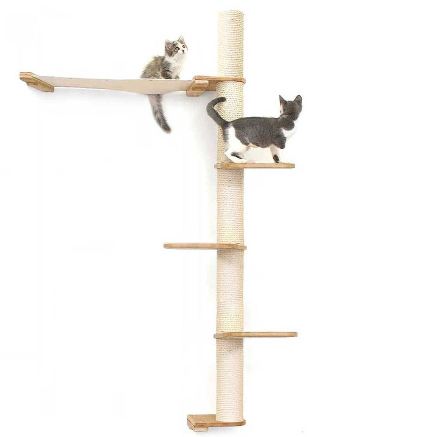Tall cat perch with vertical bamboo scratching pole, natural canvas summit hammock, and multiple resting platforms, ideal.