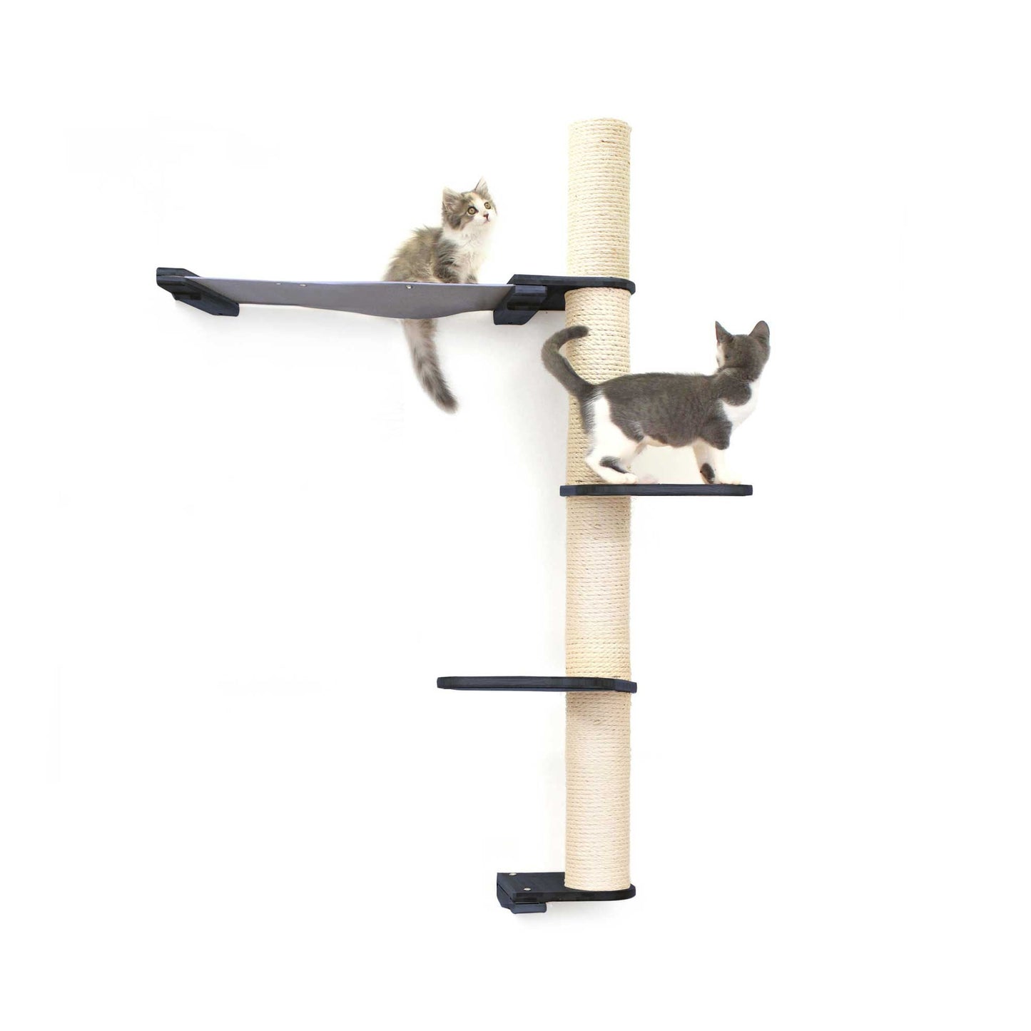 Tall vertical cat perch with beige sisal scratching pole, black summit hammock, and two black platforms, perfect for cat.