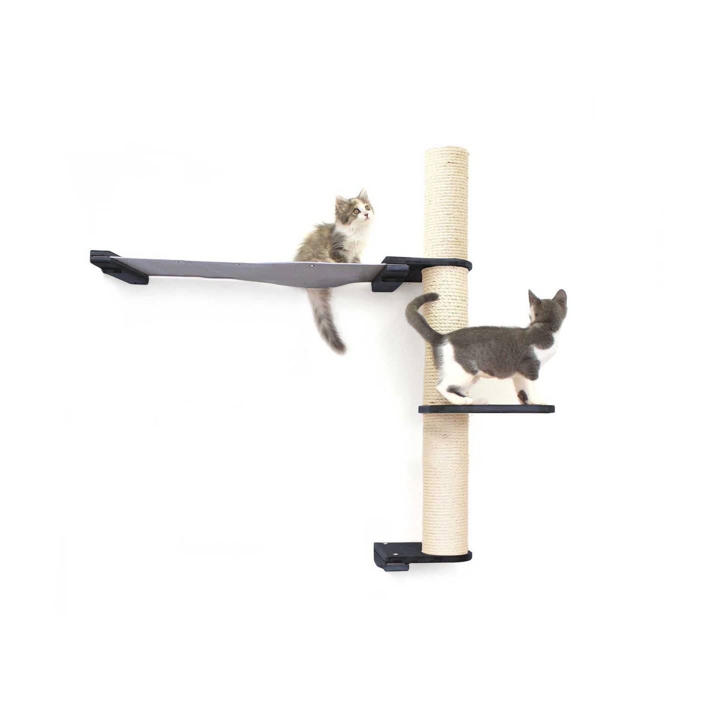 Onyx bamboo vertical cat perch with natural canvas hammock and scratching pole, modern cat tree wall accessory.