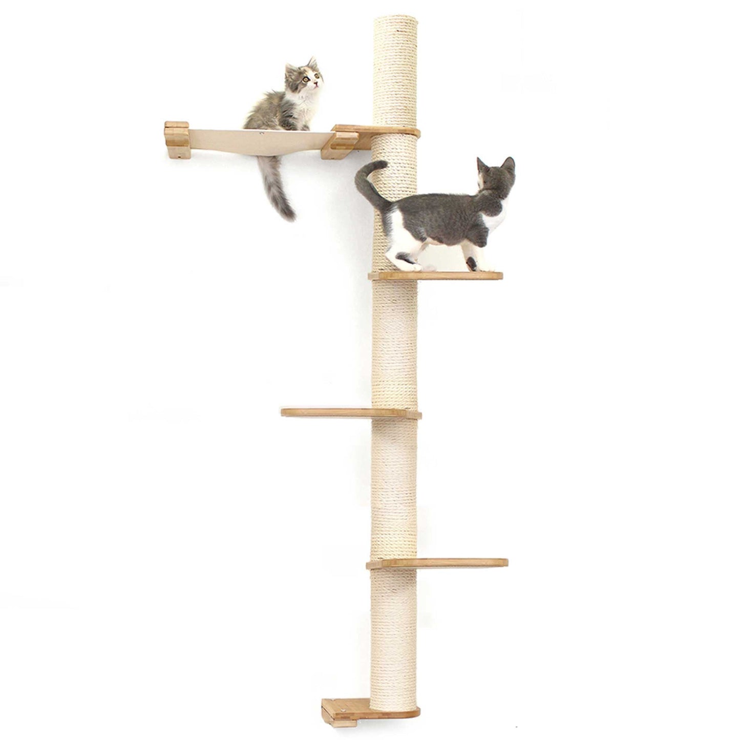 Tall cat perch with vertical scratching pole and summit hammock in natural bamboo and canvas, ideal for cat tree wall or dog .
