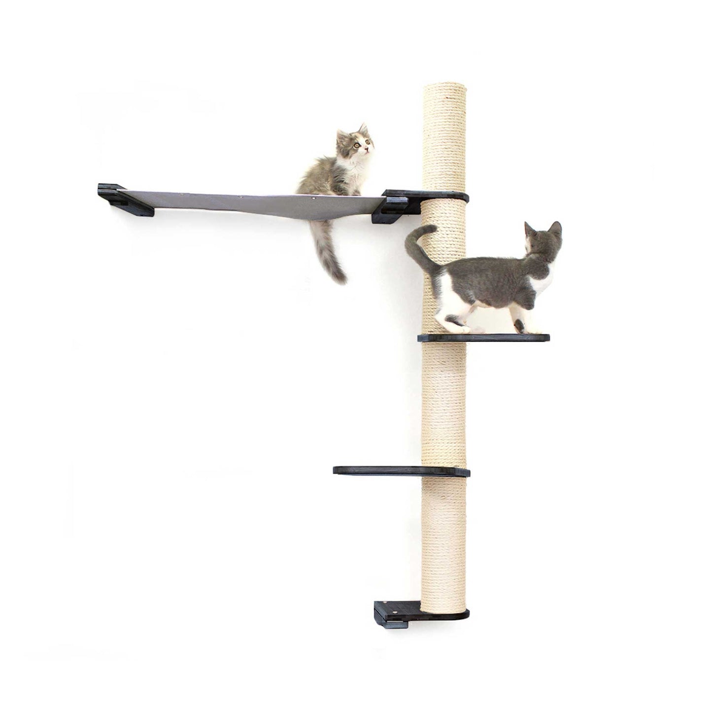Onyx bamboo tall cat perch with vertical scratching pole, three black-tier shelves, and summit hammock, ideal for cat tree.