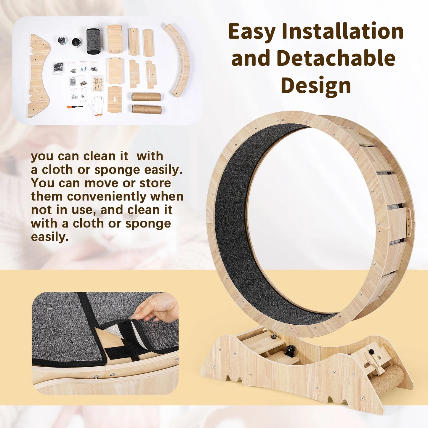 Wooden cat treadmill wheel with detachable design and detachable parts for easy cleaning, complements dog crate furniture.