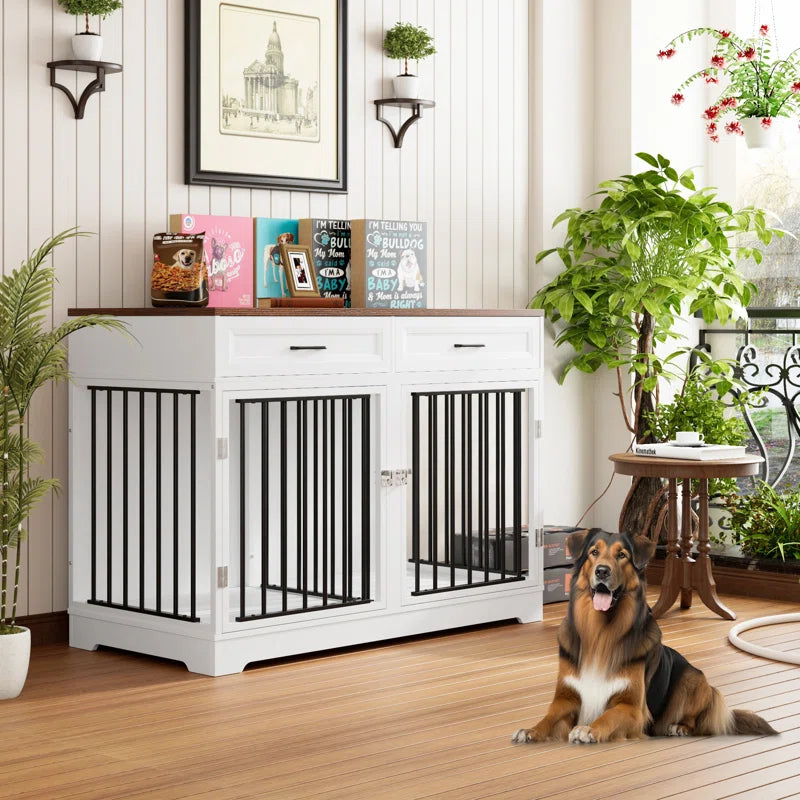 White dog crate furniture with walnut top, dual metal-door kennel, two storage drawers, styled as dog crate TV stand with.
