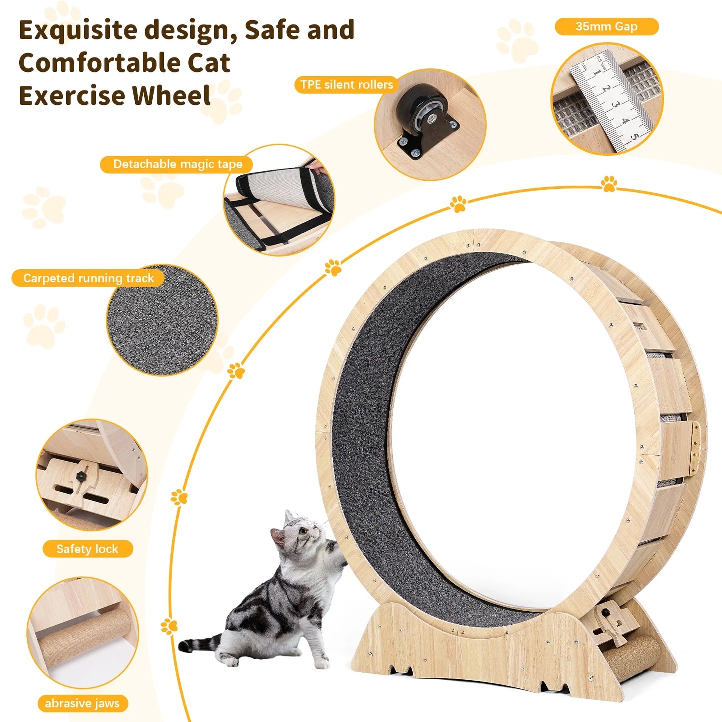 Wooden cat treadmill wheel with non-slip black running surface and sturdy base for pet exercise.
