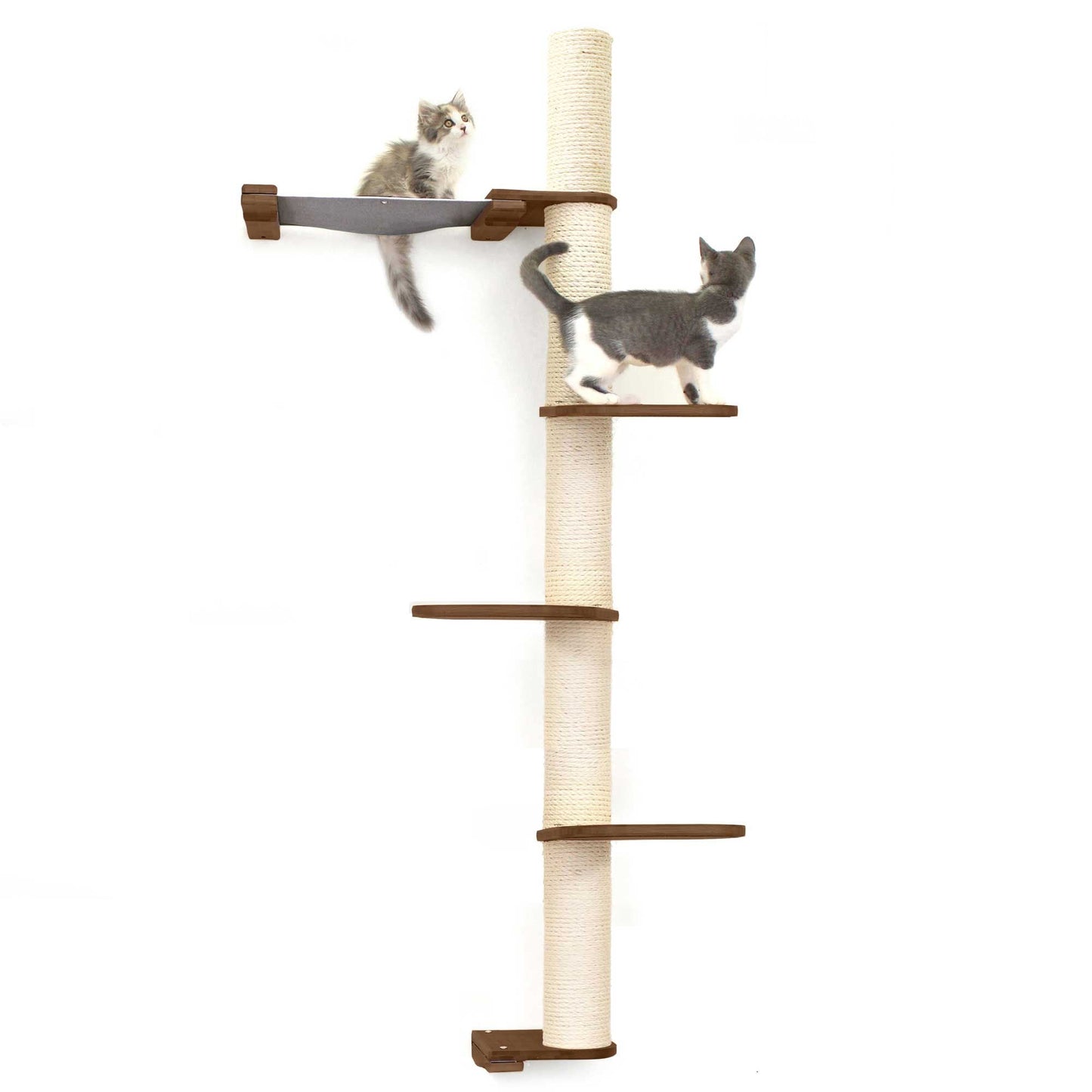 Tall cat perch with natural bamboo vertical scratching pole and dark wood platforms featuring a summit hammock with natural.