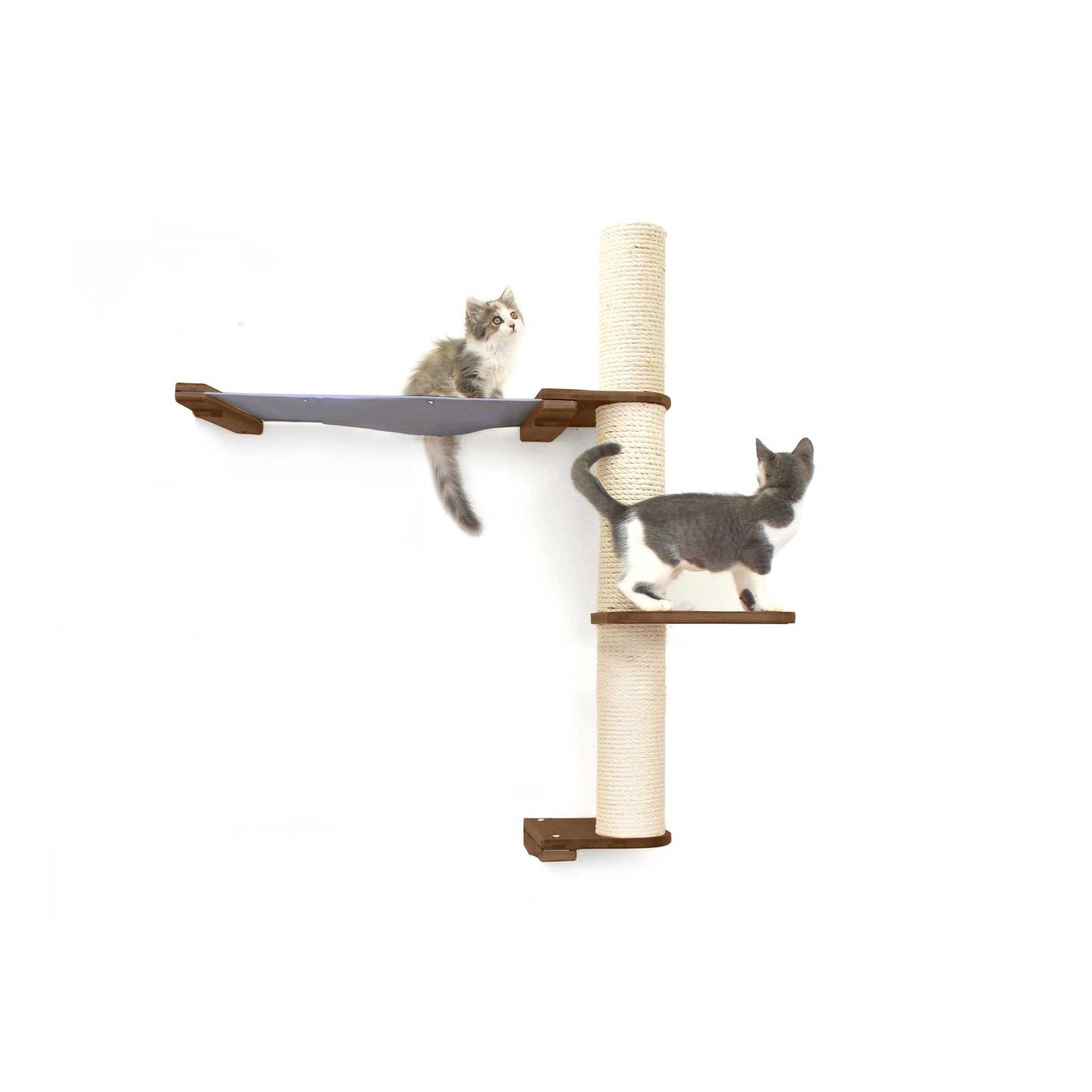 Vertical cat perch with natural bamboo scratching pole, natural canvas summit hammock, and two-tier platforms, styled as cat .