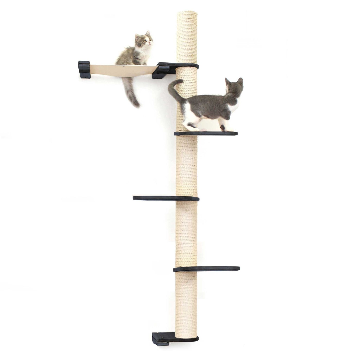 Tall cat perch with vertical scratching pole in natural bamboo and black platforms, featuring summit hammock for climbing.