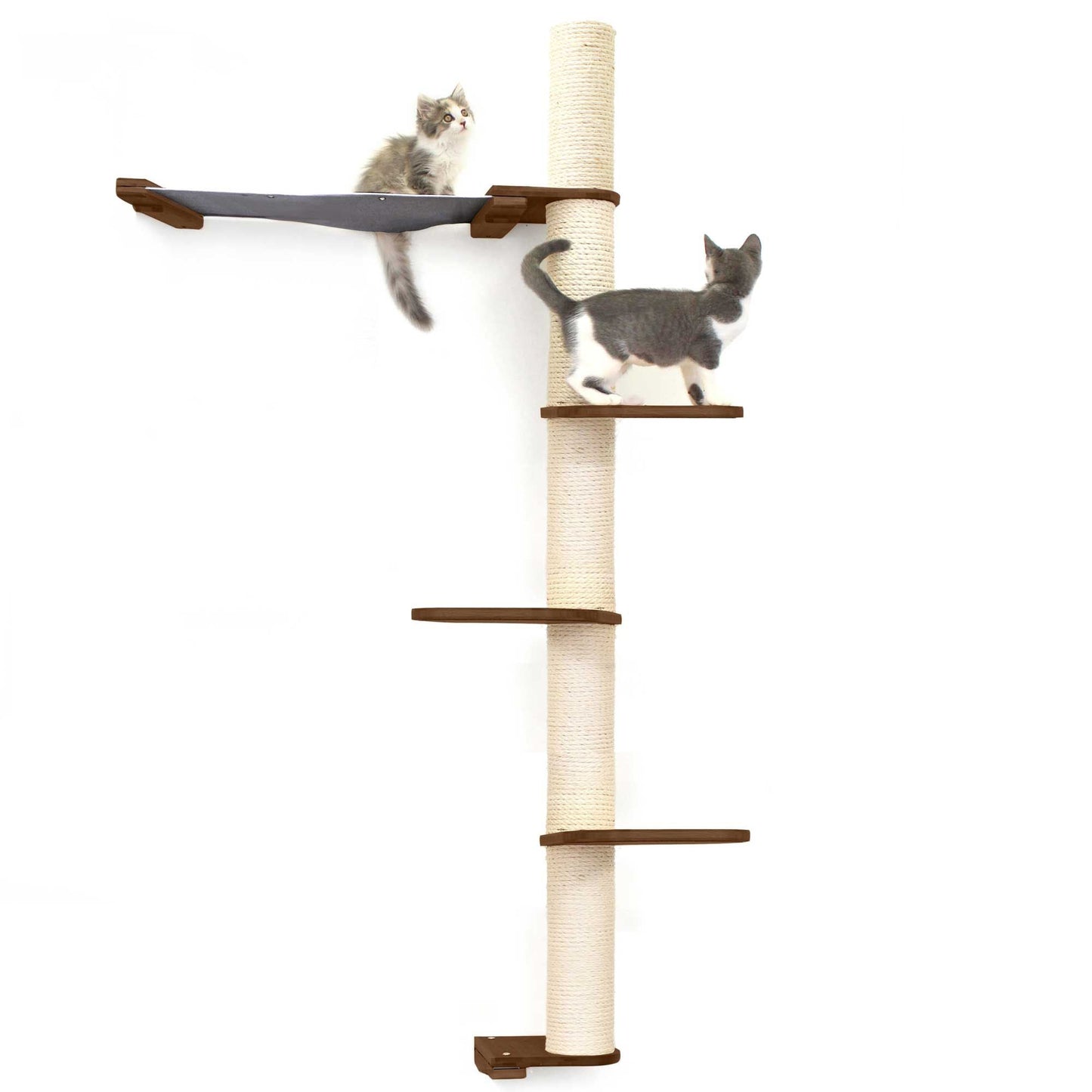 Tall cat perch vertical scratching pole with natural bamboo tiers and charcoal gray summit hammock for cat tree wall or dog.