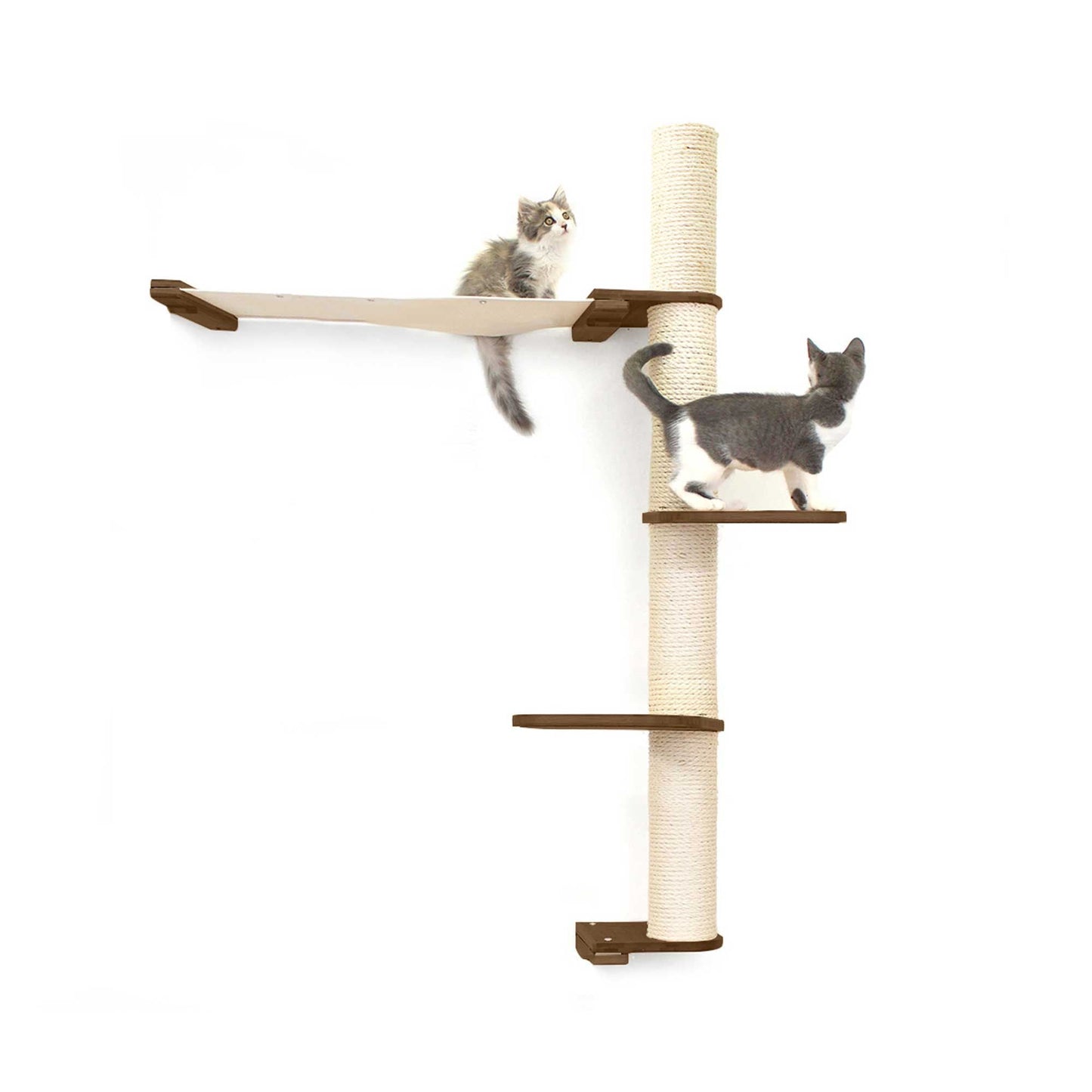 Vertical cat perch with multiple natural bamboo platforms and beige sisal scratching poles.