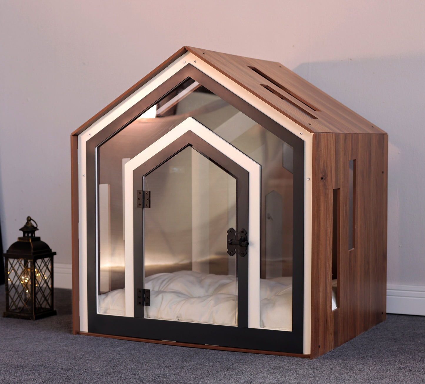 Mid Walnut Dog Crate with Custom Dog Bed, Dog Crate Furniture, Modern Dog Kennel, Indoor Dog House, Cat House, Cat Bed