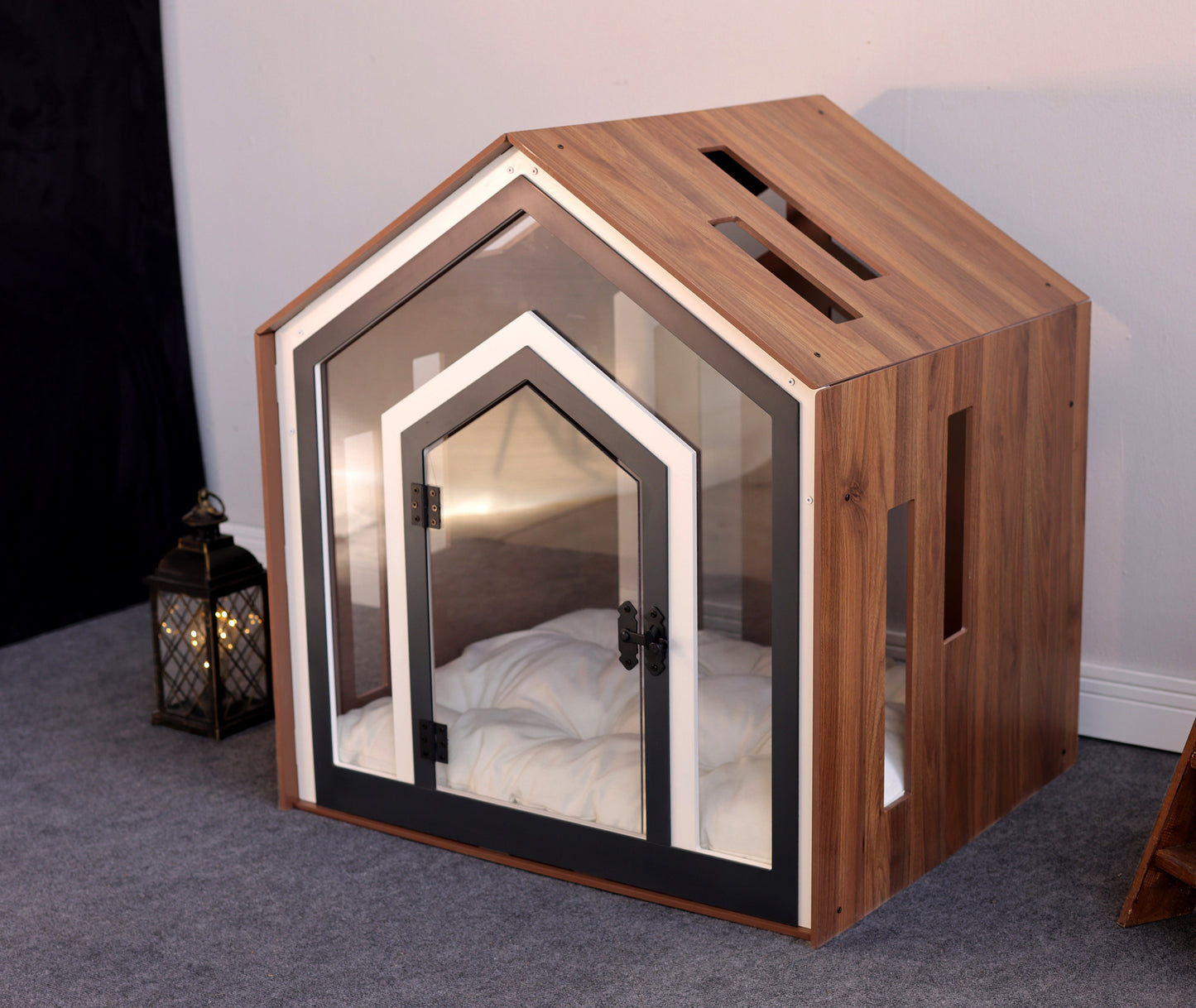 Mid Walnut Dog Crate with Custom Dog Bed, Dog Crate Furniture, Modern Dog Kennel, Indoor Dog House, Cat House, Cat Bed