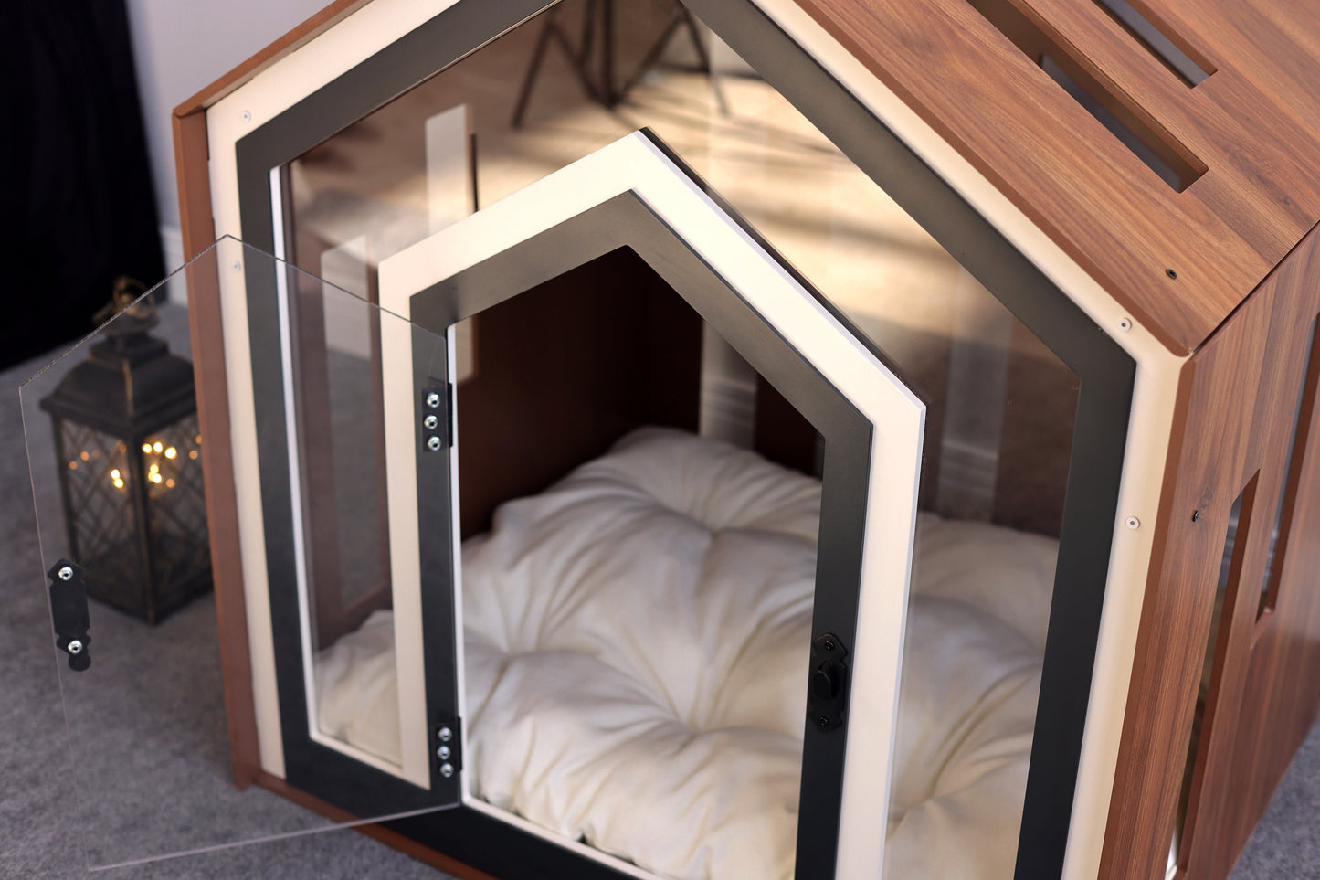 Mid Walnut Dog Crate with Custom Dog Bed, Dog Crate Furniture, Modern Dog Kennel, Indoor Dog House, Cat House, Cat Bed