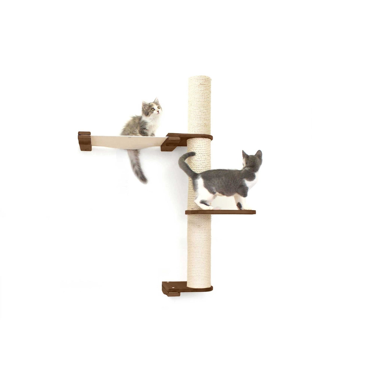 Vertical cat perch with natural bamboo posts and canvas platforms, fits cat tree wall and dog crate furniture designs.