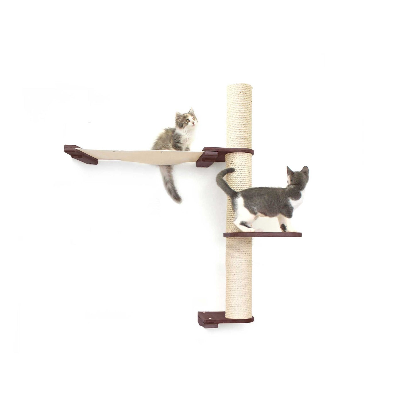Vertical scratching pole with natural canvas and summit hammock in onyx bamboo, suited for cat tree wall setups.