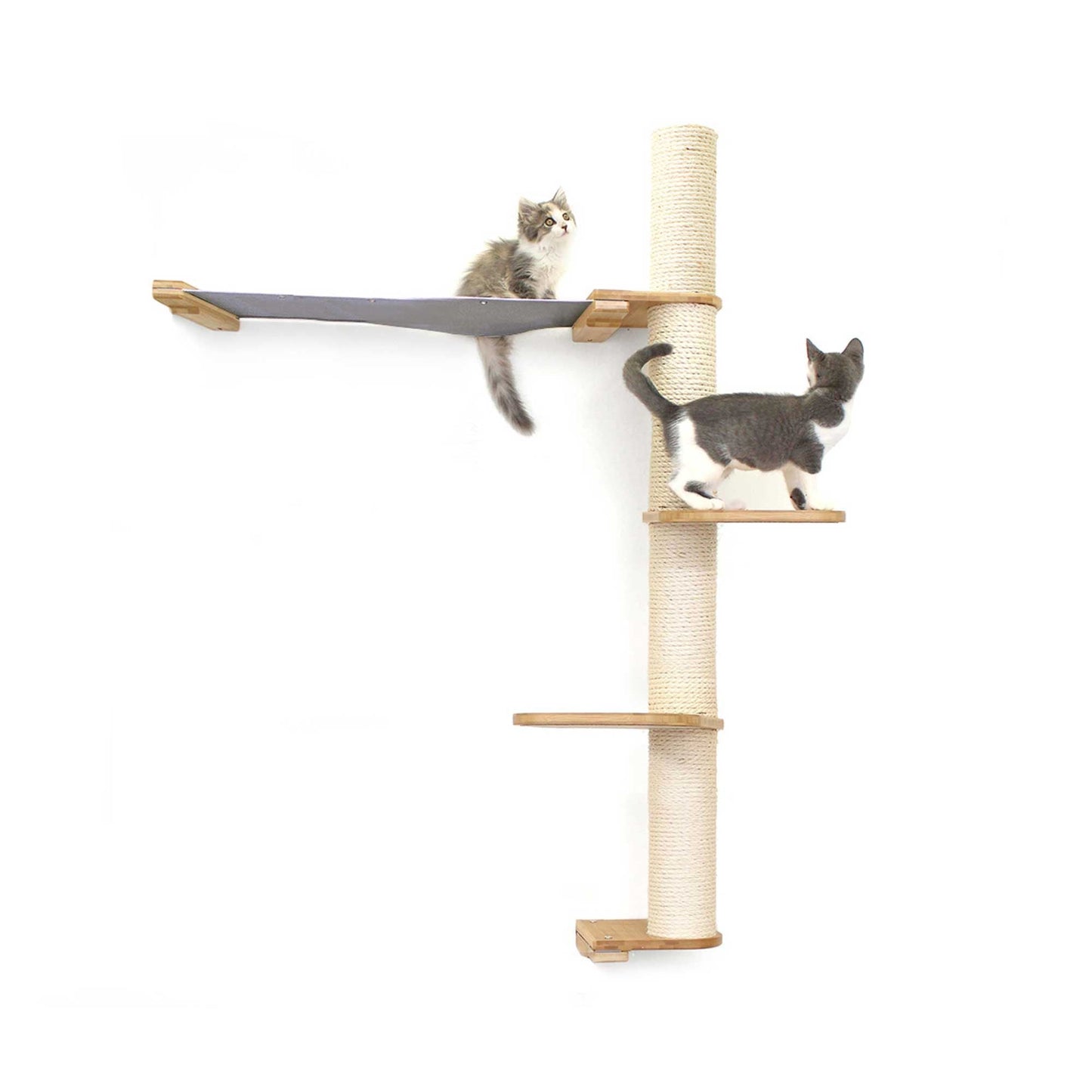 Tall cat perch with vertical onyx bamboo scratching poles, natural canvas summit hammock, and tiered platforms for climbing.