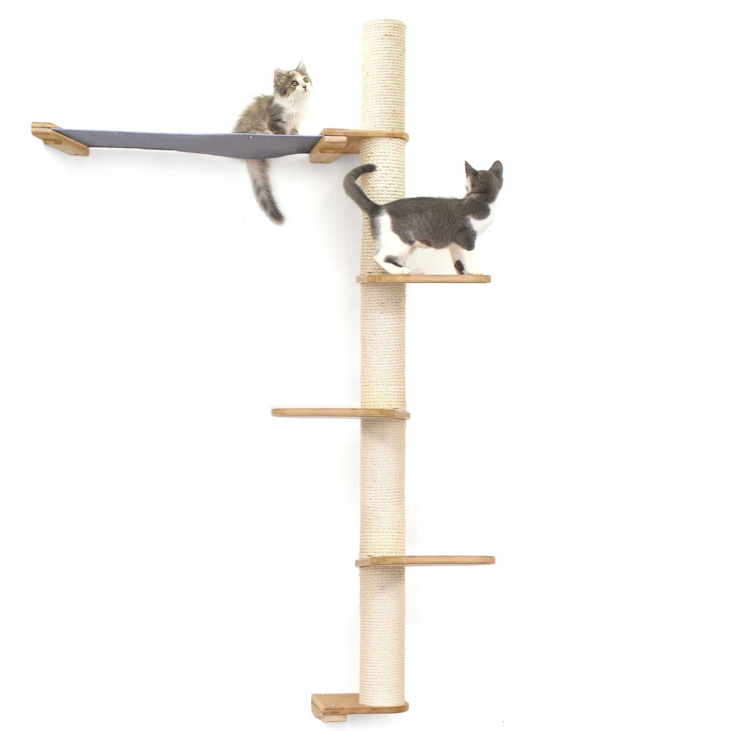 Vertical scratching pole in natural bamboo with four-tier shelves and charcoal gray summit hammock, styled as cat tree wall.