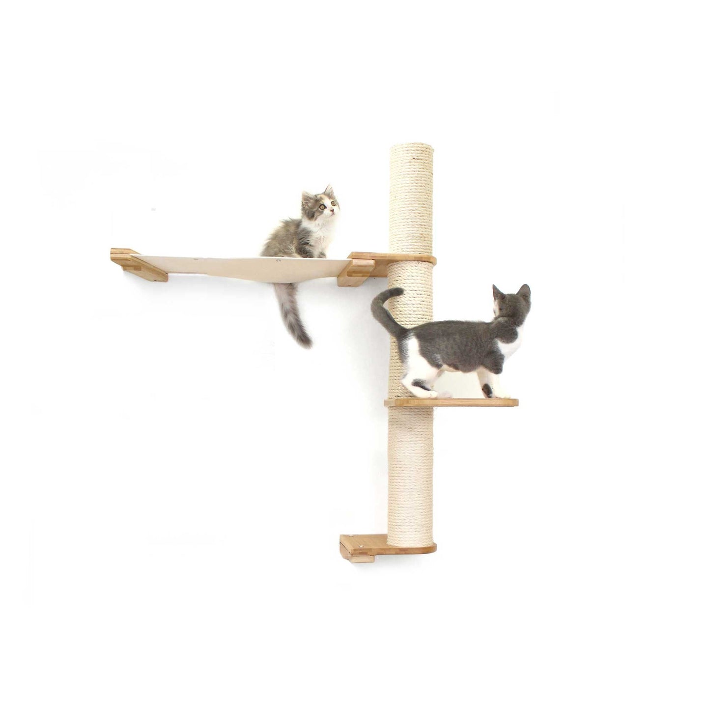 Vertical scratching pole with natural bamboo wood, natural canvas summit hammock, and two-tier cat tree wall design.