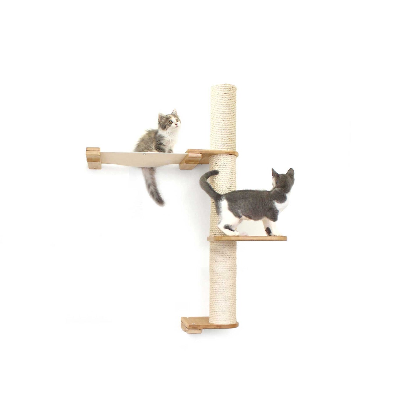 Vertical scratching pole with natural bamboo, two-tier perch, and cat hammock in natural canvas for cat tree wall.