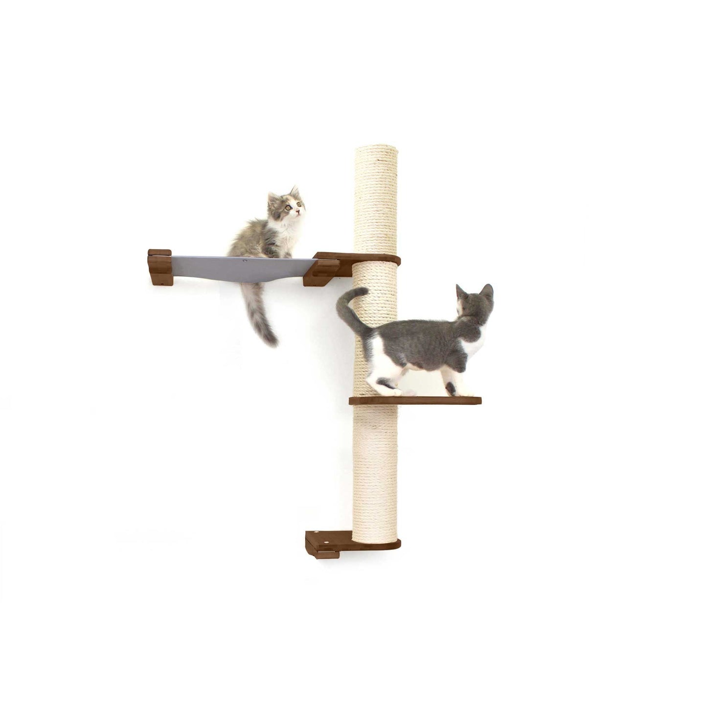 Vertical cat perch with onyx bamboo posts, natural canvas scratch areas, and two-tier platforms.