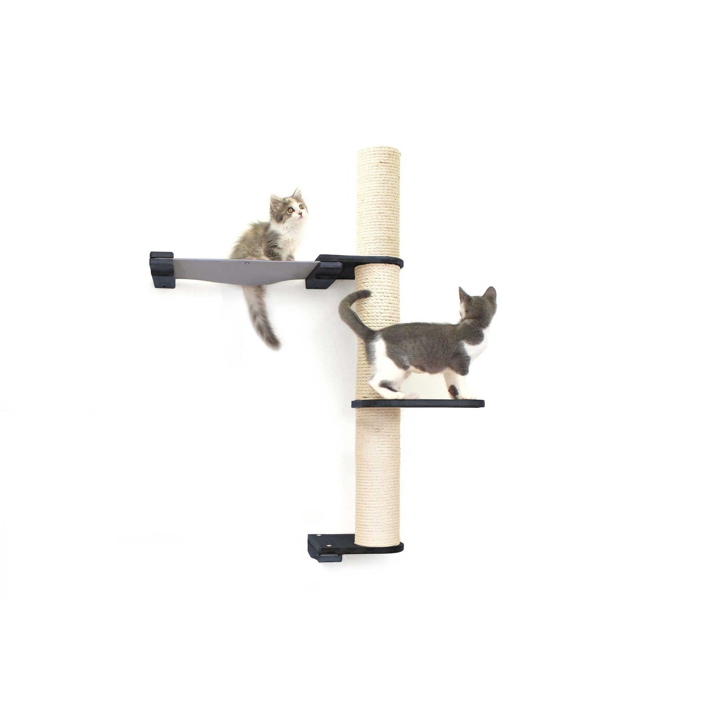Vertical scratching pole with natural canvas wrap and two black perch platforms for cat climbing and lounging.