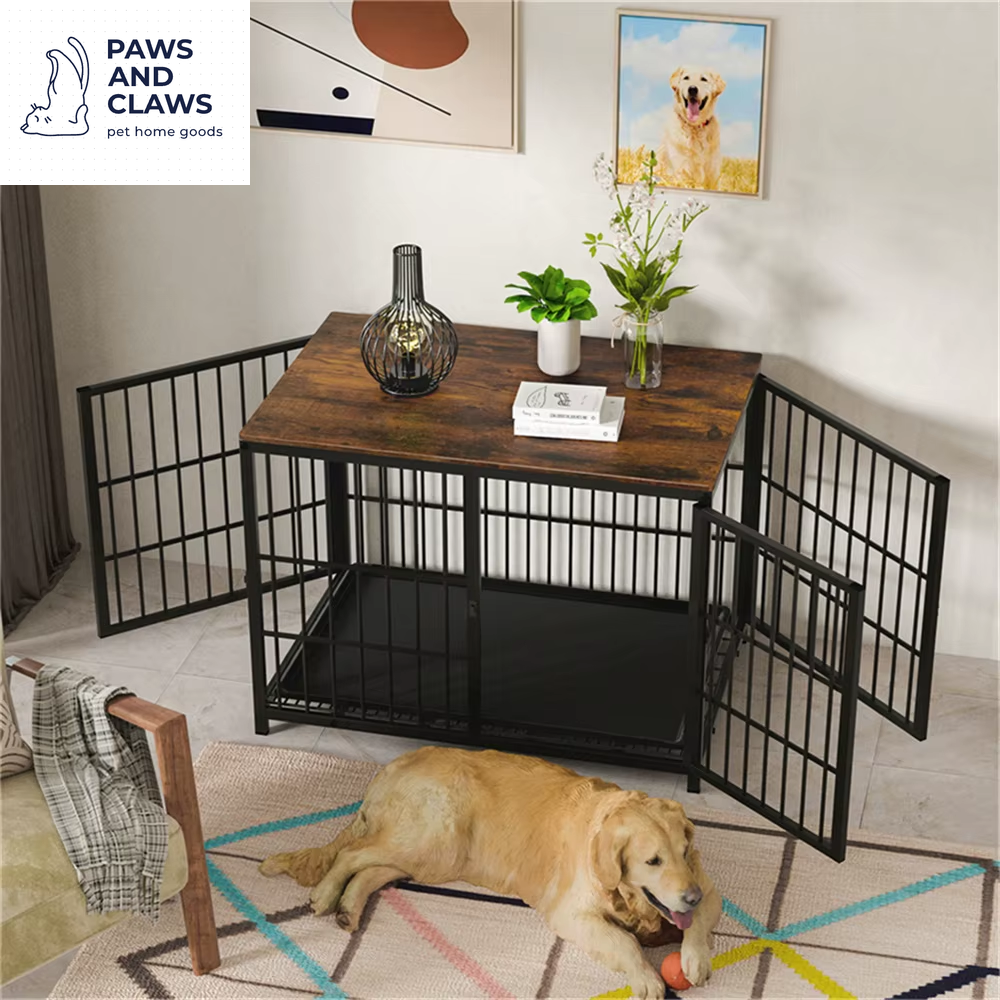 Large Wooden Dog Crate Indoor Furniture Style Elevated Pet Dog Cage Kennel End Table Lattice Playpen with 3 Doors Removable Tray