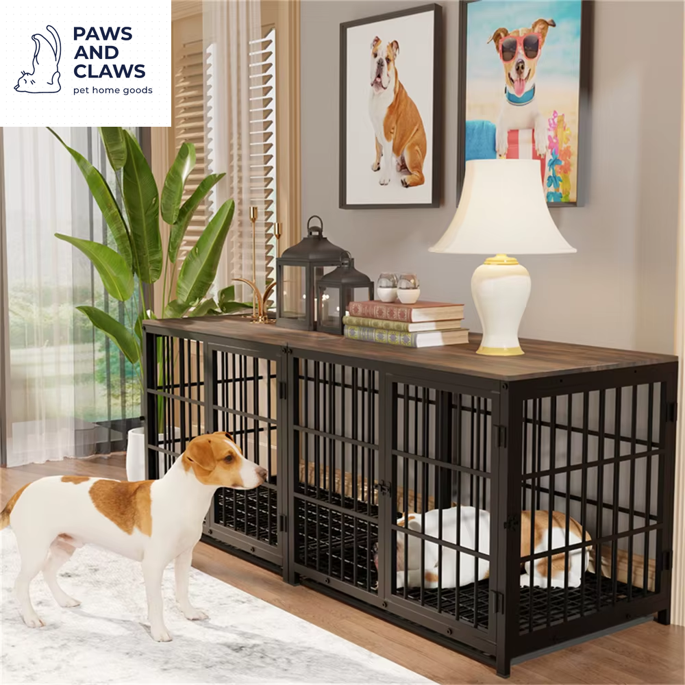 Large Wooden Dog Crate Indoor Furniture Style Elevated Pet Dog Cage Kennel End Table Lattice Playpen with 3 Doors Removable Tray
